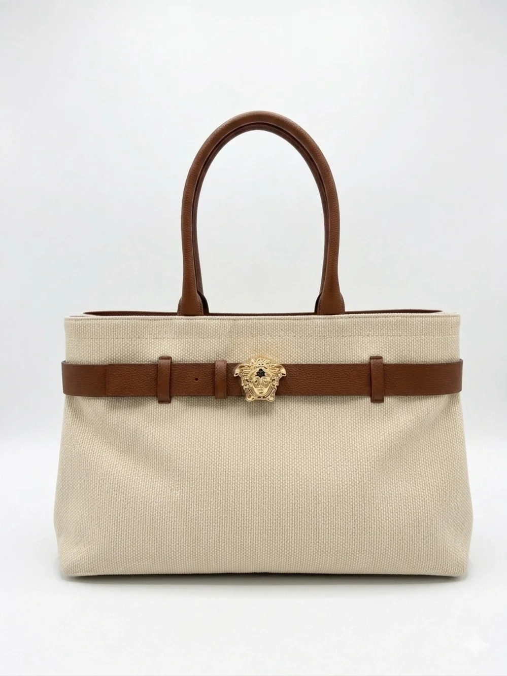 Versace Cream Canvas Tote with Brown Leather Belt and Gold Medusa New